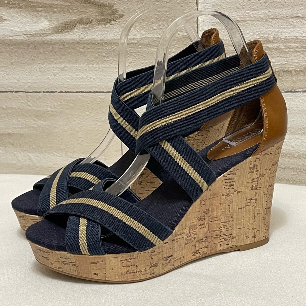 Merona Women's Strappy Blue Fabric Cork Wedge Sandal Open Toe Casual 7.5